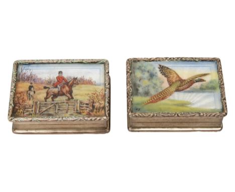 Two modern silver and painted guilloche enamel snuff boxesboth Birmingham, 1980 by S. J. Roserectangular with hinged lids, on