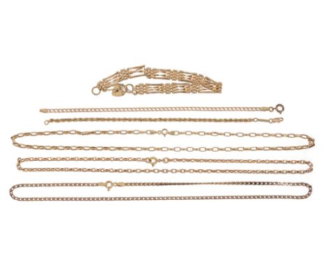 Three 9ct yellow gold necklaces and three 9ct yellow gold bracelets including a gate link with padlock clasp, various designs