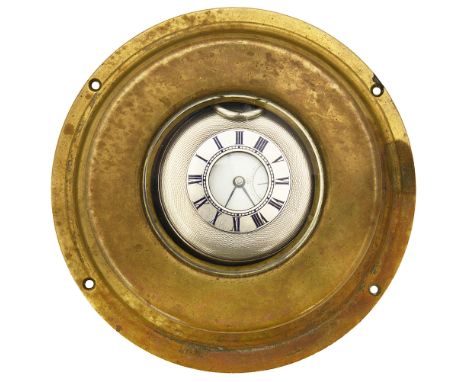 A Victorian silver half hunter pocket watch by Dent in a brass Trench Art display casewhite enamel dial with black Roman nume