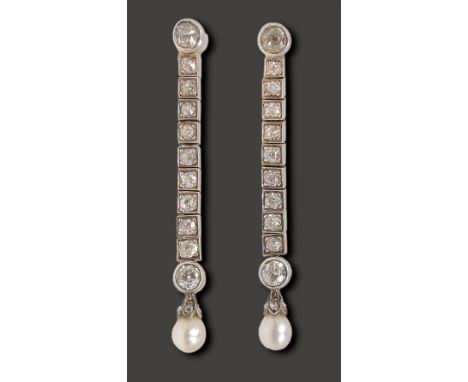 A pair of diamond and pearl ear pendantseach comprising nine old-cut diamonds box-set to an old brilliant-cut diamond collet 