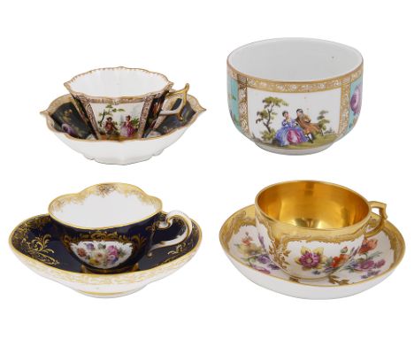 A Meissen and a KPM Berlin cabinet cup and saucer, a Dresden cabinet cups and saucer and an outside decorated Meissen sugar b