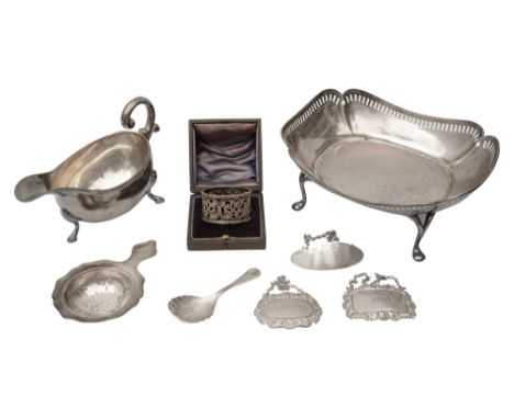 A George V silver fruit dish, gravy boat, napkin ring and five other silver dish Sheffield, 1919, Atkin Bros., gravy boat She