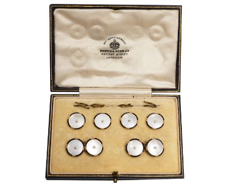 A set of mother of pearl and yellow gold cufflinks and dress studsthe mother of pearl plaques with seed pearls to centres app