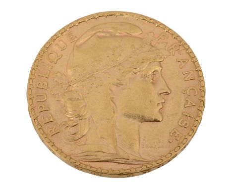 A French 20 franc gold coinhead facing to the right and dated 1908diam. 21mm, weight approx. 6.6gCondition.&nbsp;The coin has