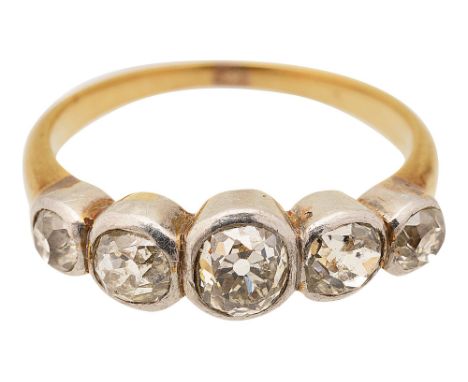 A diamond five stone ringthe graduated old brilliant-cut diamonds collet-set to the plain tapering shank ring size M, 3.7gmCo