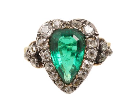 A late 18th/early 19th century emerald and diamond-set heart-shaped cluster ring, the everted pear-shaped emerald  measuring 