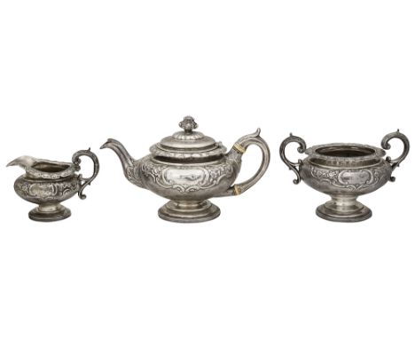 A Scottish George IV silver three piece pedestal tea service Edinburgh, 1826 by James McKaycomprising teapot, twin handled su