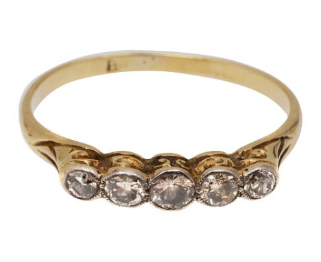 A diamond five stone ring, collet-set with a line of graduated brilliant-cut diamonds to the plain shank stamped '18'ring siz