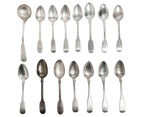 Assorted George IV and later silver, mostly fiddle pattern teaspoonsvarious dates, makersof which five Glasgow, 1826 by David