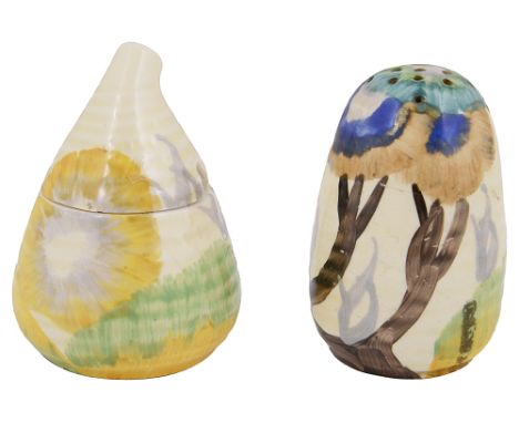 A Clarice Cliff Bizarre two piece cruet set'Viscaria' pattern, comprising mustard pot and pepper shaker, mustard marked to ba