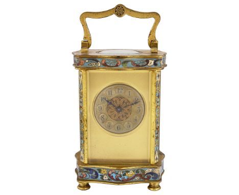 French gilt brass champleve enamel carriage timepiece c.19002" diameter silver dial with black Arabic numerals, gilt mask, 8 
