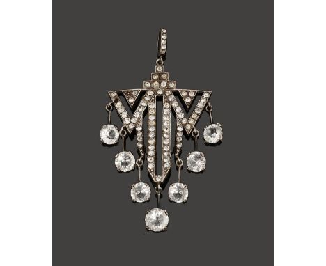 An Art Deco style colourless paste pendantopen work geometric design suspending a fringe of seven colourless pastes, setting 
