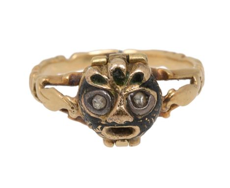 A yellow gold, enamel and diamond-set 'poison' memento mori ring, probably early 18th century the central hinged black enamel