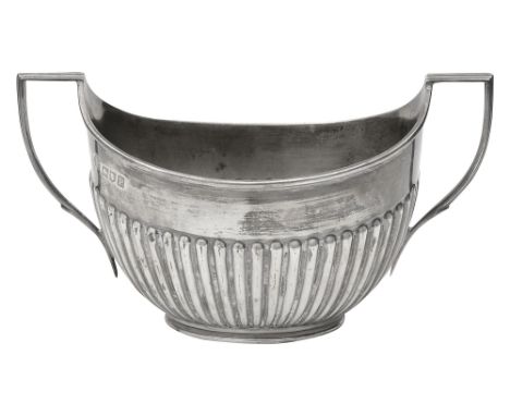 An Edwardian silver twin handled sugar basinLondon, 1910 by William Hutton &amp; Sonsof oval half fluted tapering form, gilt 