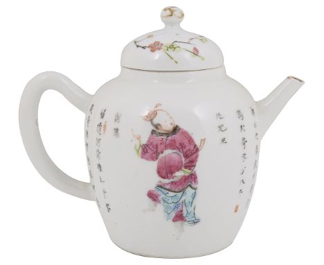 A Chinese famille rose teapot and cover, late 19th / early 20th century, decorated extensively with calligraphy inscriptions 