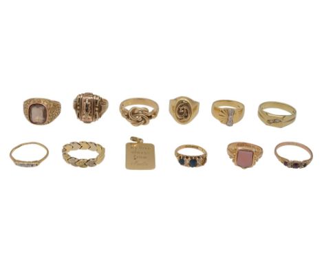 A collection of twelve ringsto include a 18ct gold colourless and blue paste set ring, Birmingham 1916, engraved 'S.H. &amp; 