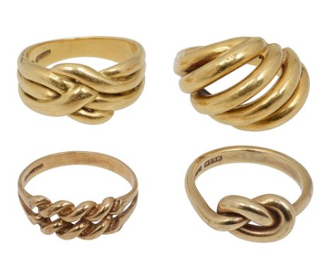 Four yellow gold twisted knot designed ringstwo hallmarked for 18ct, 13.8g , and two with a 9ct hallmark (4)ring sizes K-L, 4