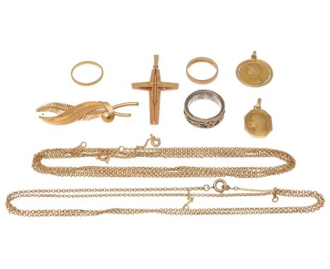 A collection of continental gold jewellery to include a cross pendant, a fern and leaf brooch, two Madonna pendants and a dou