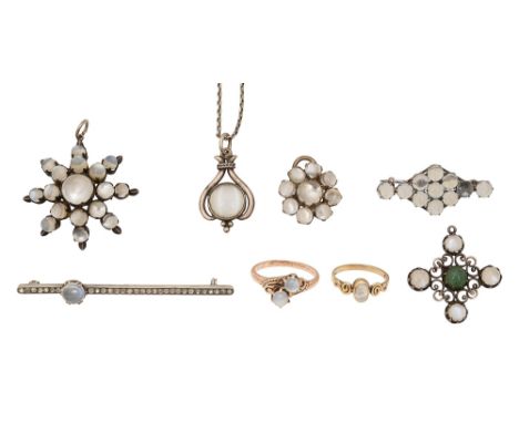 A  small collection of Victorian and later moonstone jewelleryto include: a starburst pendant; a cross-over ring with unmarke