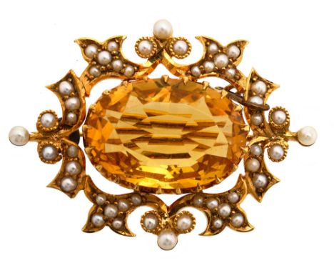 A cirtrine and pearl broochthe central oval citrine claw-set to the closed back trefoil and fleur de lys set with seed and ha