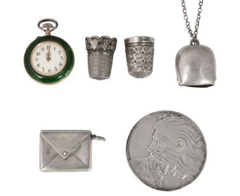 A Swiss silver-gilt and enamel ladys' keyless fob watch and other silver/ vertu first Swiss marks, white enamel dial with bla