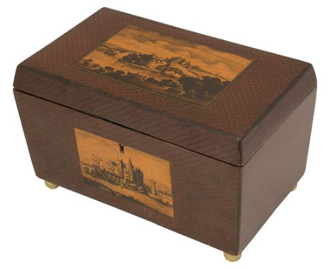 A Regency Scottish mauchline ware sycamore and penwork tea caddy c.1830rectangular the hinge cover decorated with a penwork v