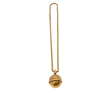 A rope twist gold neck chain with Singers Patent compass swivel ball fobunmarked, the chain with push barrel clasp, the fob w