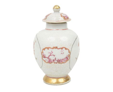 An 18th century London decorated Chinese porcelain tea canister and cover c.1760ovoid from, decorated with panels of precious