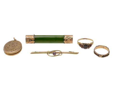 A garnet ring, with a brooch, locket, 15ct tie pin and a ringthe ring with three garnets, the nephrite brooch with chased gil