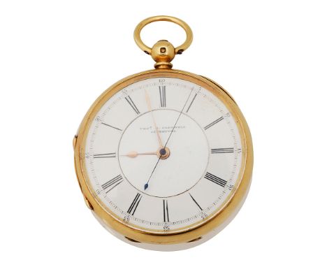 A late Victorian 18ct gold open faced pocket watch white enamel dial with black Roman numerals, minute track and outer Arabic