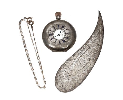 An Edwardian two colour gold fine figaro curblink watch chain, a late Victorian large silver page marker and a Benson silver 