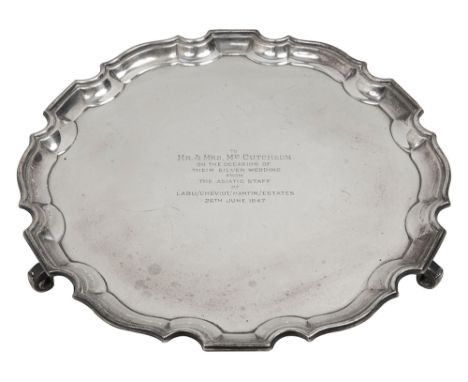 A George VI silver presentation salverBirmingham, 1946 by Adie Brothers Ltdof plain circular form with piecrust border, on sc