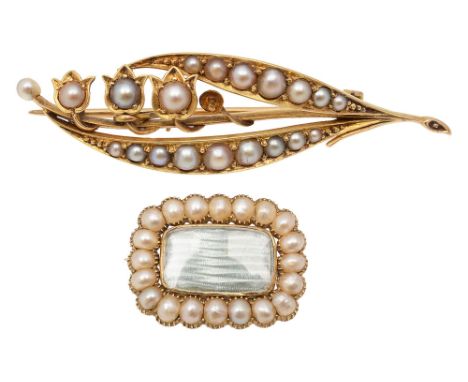 Two 19th century jewelsa lily of the valley brooch set with seed and half pearls (one deficient), Length 4.8cm, 5.6g; and a l