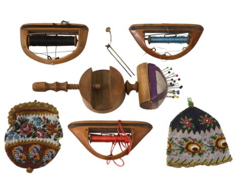 A 19th century continental whitewood sewing and other itemsfirst having a circular frame inset with a mirror below a trough f