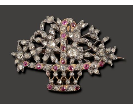 An 18th century  gem-set giardinetto brooch, designed as an openwork basket with handle set with rose-cut diamonds and circul