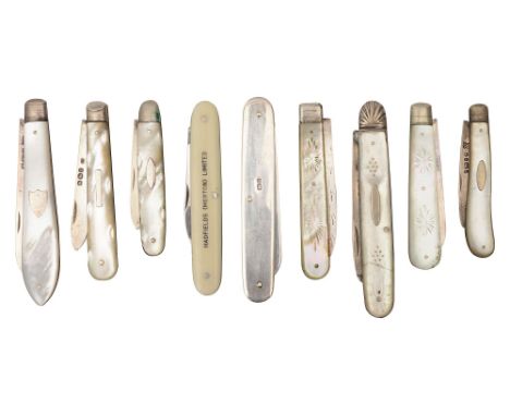 Victorian and later silver bladed folding fruit knives various dates, makers, mostly with mother of pearl grips (9)largest Le