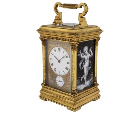 A late 19th century French ormolu and Limoges enamel panelled repeater carriage clock with alarm 2.5" diameter white enamel d