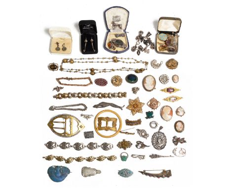 A collection of mostly early 20th century silver and costume jewelleryto include an Arts and Crafts moss agate brooch in the 