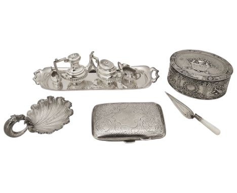 A Victorian caddy spoon, a modern novelty miniature silver tea service, continental oval silver box and other itemsfirst Birm