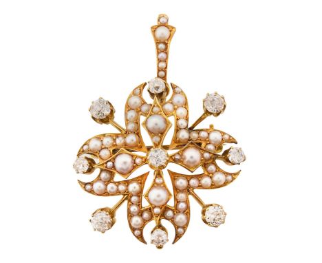 An Edwardian diamond-set, half pearl and yellow gold locket/broochof openwork cruciform design, set with half pearls, the kni