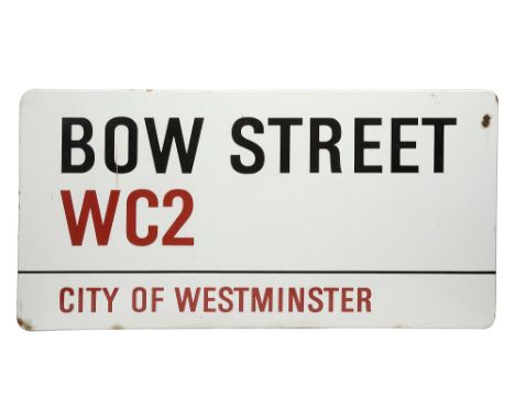 An enamelled and iron street sign for Bow Street WC2 City of Westminsterwith iconic black and red sans serif lettering first 