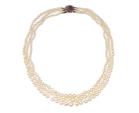 A three row cultured pearl necklacegraduated in diameter from 7.6mm to 3.6mm to the hallmarked 9ct yellow gold oval amethyst 