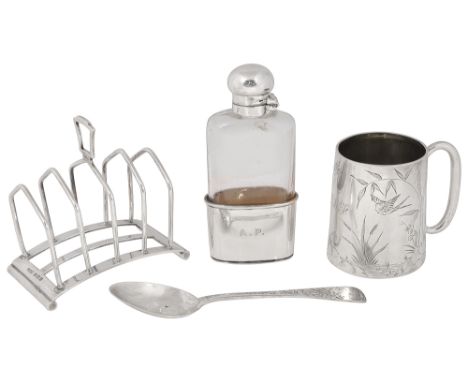 A late Victorian silver Aesthetic Movement christening mug and spoon, a toast rack and a silver mounted glass hip flaskfirst 