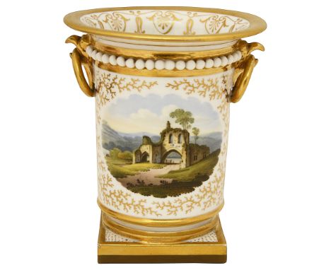 A Flight Barr &amp; Barr Worcester topographical spill vase c.1810of cylinder form with twin fixed ring handles and beaded bo