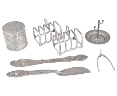 Victorian and later silver to include a lidded pot, pair of toast racks and butter knivesfirst London, 1896 by William Hutton