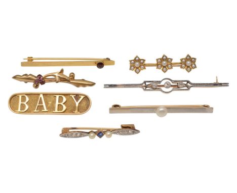 A collection of broochesincluding a group of bar brooches, a three flower decorated with half pearls bar brooch, one 18ct Chi