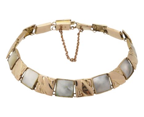 A Murrle, &nbsp;Bennett &amp; Co&nbsp;9ct gold and mother of pearl Arts and Craft braceleteach mother of pearl panel set in m