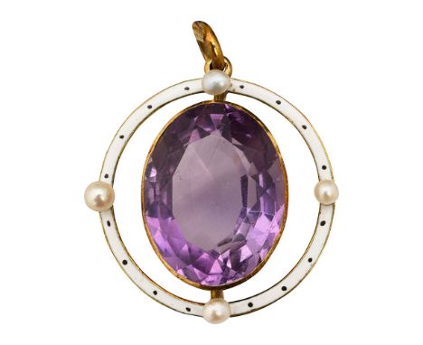 An Edwardian enamel, amethyst and seed pearl pendantthe open work pendant with amethyst in collet setting with seed pearls se
