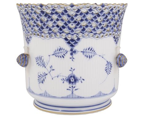 A Royal Copenhagen porcelain 'Musselmalet' blue fluted full lace bottle cooler No 1/1048 c.1900designed by Arnold Krogreticul