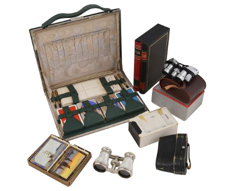 A 1930s green morocco travelling bridge case, opera glass, miniature  Zuiho Field binoculars and playing cardsfirst moire sil